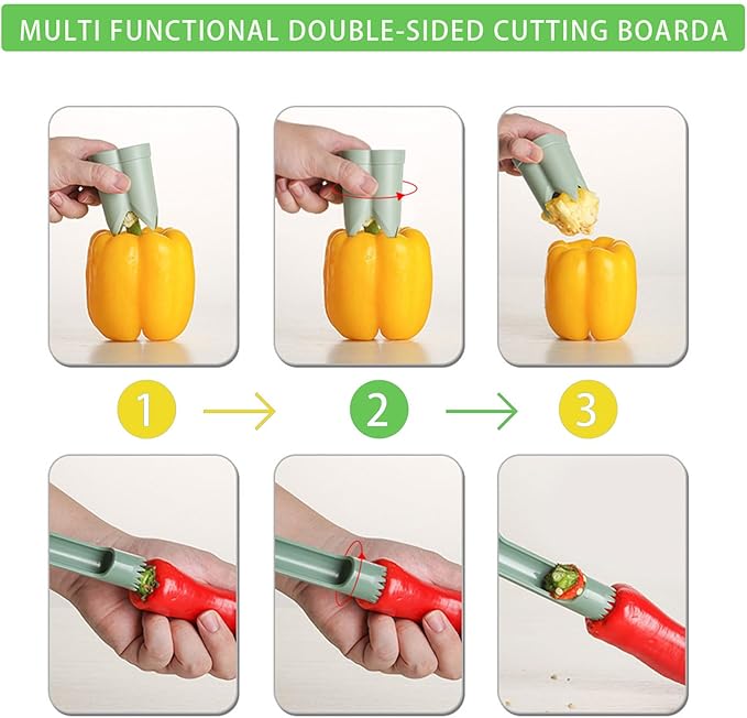 Pepper Corer, 2 in 1 Red Bell Pepper Seed Corer Remover Tool, Fruit & Vegetable Corers Quick Cave Tools for Jalapeno Cutter Deseeder, Green Yellow, 3 PCS