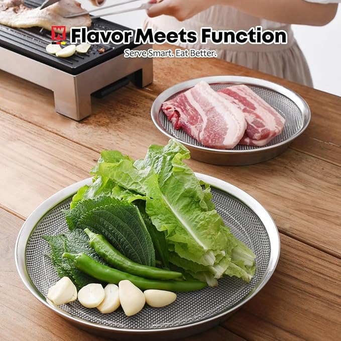 Stainless Steel Mesh Tray Set with Drip Pan, Air Fryer Basket and Tray, Kitchen Colander, Vegetable and Fruit Strainer, Food Filter, BBQ Prep Tool, Fruit Serving Dishes (9.84 inch)