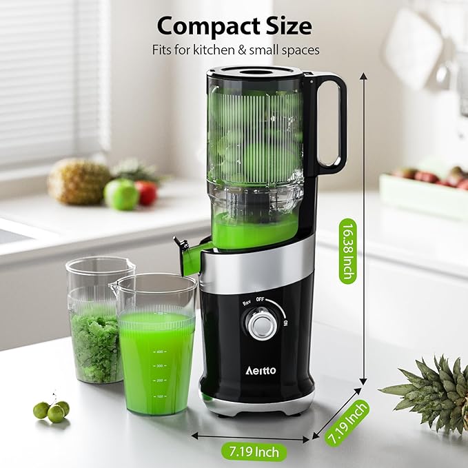 Cold Press Juicer For Whole Fruits, Aeitto Juicer Machines with Large Feed Chute, Self Feeding Juice Extractor Machine, Easy to Assemble, Easy to Clean & Use, High Juice Yield