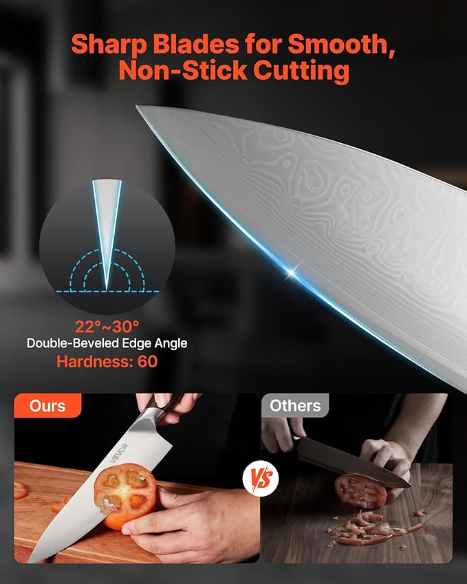 VEVOR Kitchen Knife Set, 6 Piece High Carbon Stainless Steel Sharp Knife Set, Professional Kitchen Cutlery with Ergonomic Crack-Resistant Handle, and Walnut Finish Powerful Magnetic Knives Holder