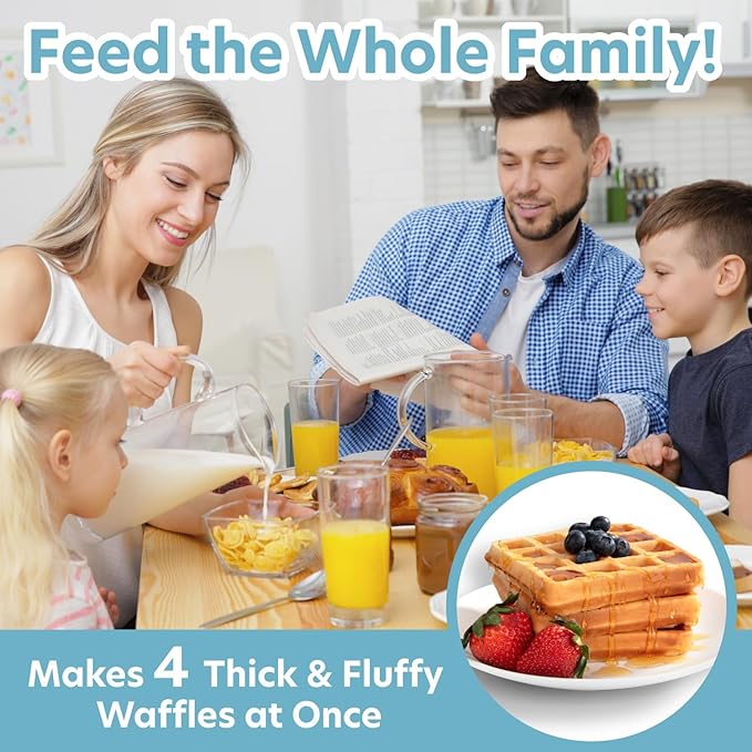 CucinaPro Four Square Belgian Waffle Maker, Extra Large Stainless Steel Kitchen Appliance w Nonstick Waffler Iron Plates- Make 4 Fluffy Waffles, Griddle for Family Morning Breakfast with Recipe Guide