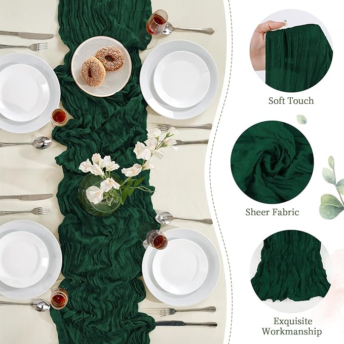 6 Pack Emerald Green Saint Patrick's Day Cheesecloth Table Runner 10FT Long Boho Gauze Table Runner Rustic Sheer Runner for Wedding Bridal Baby Shower Birthday Party Table Decor Easter Decorations