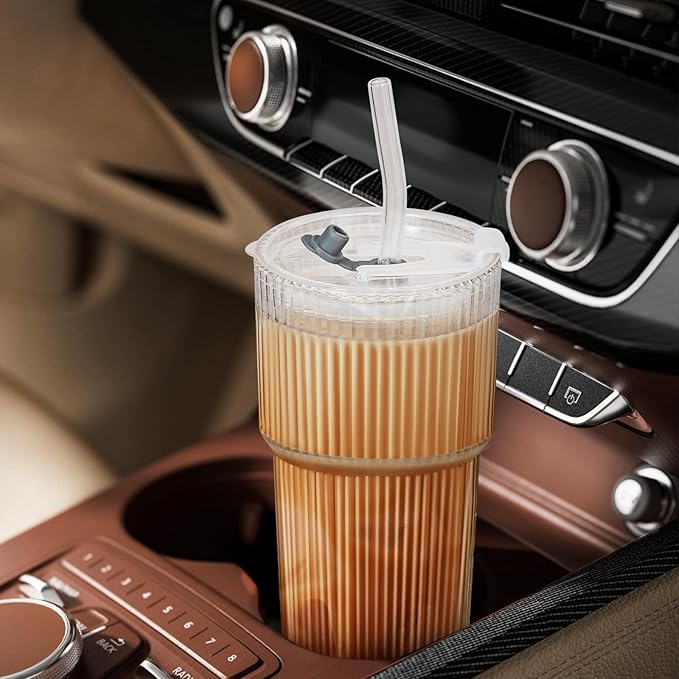4 Pack 20 Oz Glass Cups with Lids and Straws Iced Coffee Cups Vintage Ribbed Glassware for Beer Ice Coffee Fruit Juice Elegant Aesthetic Cup Glass Iced Coffee Tumbler Include 2 Cleaning Brushes