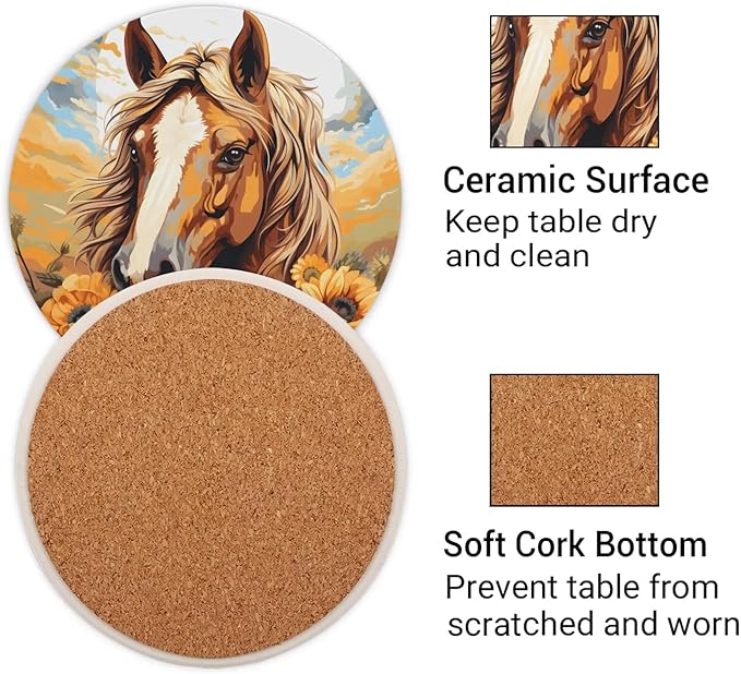 Round Coasters Set of 2, Horse Sunflowers Sunny Sky Absorbent Ceramic Coaster with Cork Base, Bar Coasters for Drinks Coffee Mugs Tea Cups Wine Glasses Home Decor Gifts (4 inches)