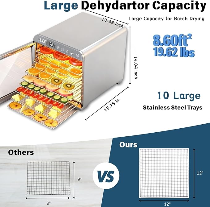 Food Dehydrator, Large 12'' 10 Trays Stainless Steel Meat Dehydrator for Jerky, 800W Herb Dryer 72H Timer & Temp Control for Fruit Snacks Yogurt Dog Treats ETL Approved (White)