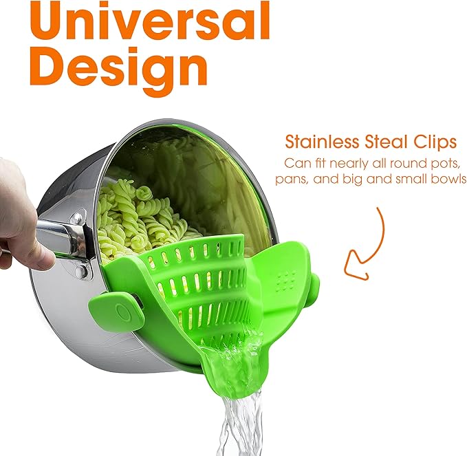 Cheer Collection Silicone Clip on Pot Strainer, Heat-resistant Snap-On Strainer for Pasta, Noodles, Rice, Meats and Vegetables, Green