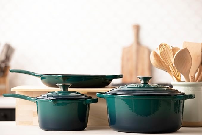 Larder & Vine 4-Piece Enameled Cast Iron Set, Oven Safe and Suitable for All Cooktops – includes 5.7 Quart Dutch Oven Pot with Lid and 2.2 Quart Saucepan with Lid (Bondi)