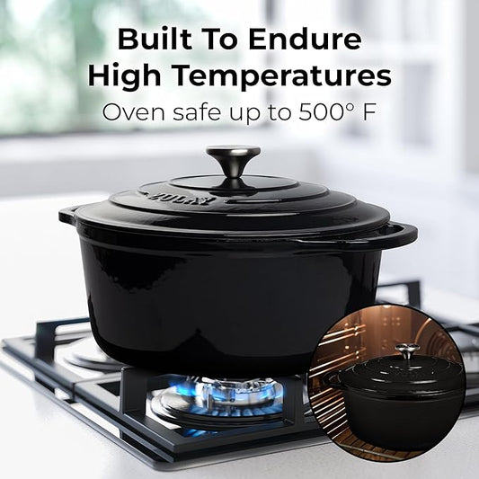 Zulay Kitchen 5 Quart Enameled Cast Iron Dutch Oven Pot with Lid – Premium Durability & Oven Safe up to 500°F – Heavy Duty Cookware Perfect for Bread Baking, Stews, Braising & Roasting – Black