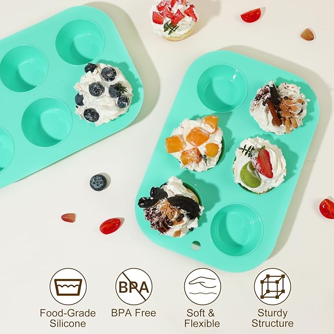 Firstfooby 2 Pack Silicone Muffin Pan for Baking, Regular Size Nonstick Cupcake Pan, 6-Cup Silicone Muffin Tin BPA Free Dishwasher Safe, Great for Muffin Cupcake Brownie Egg Tart