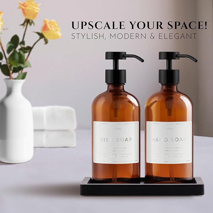 Lotion, Hand & Dish Soap Dispenser for Kitchen & Bathroom | Soap Dispenser Set of 2 16.8 Oz Glass Bottles with Stainless Steel Pump, 15 Water Proof Labels & Silicon Tray (Amber/Black)