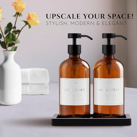 Lotion, Hand & Dish Soap Dispenser for Kitchen & Bathroom | Soap Dispenser Set of 2 16.8 Oz Glass Bottles with Stainless Steel Pump, 15 Water Proof Labels & Silicon Tray (Amber/Black)