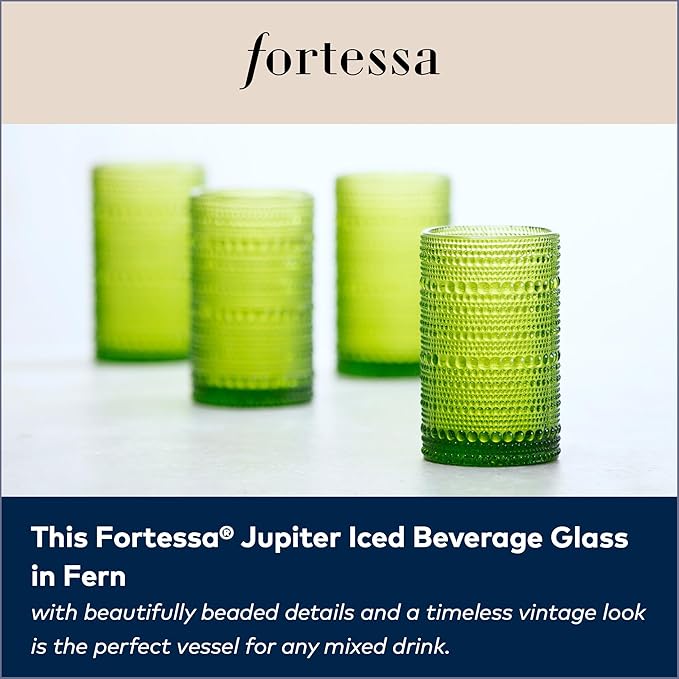 Fortessa Jupiter Beaded Hobnail Glass, 13 Ounce Iced Beverage (Set of 6), Fern Green