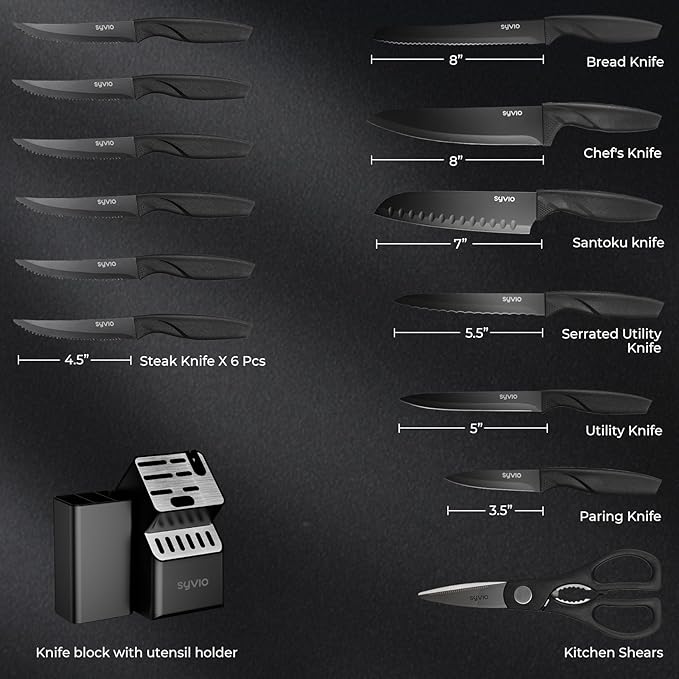 syvio Knife Set, 21pcs Utility Knife Sets for Kitchen with Block and Sharpener, Razor-Sharp, Effortless Sharpening, Premium Kitchen Knives with 6 pcs Kitchen Utensils Set and Utensil Holder, Black