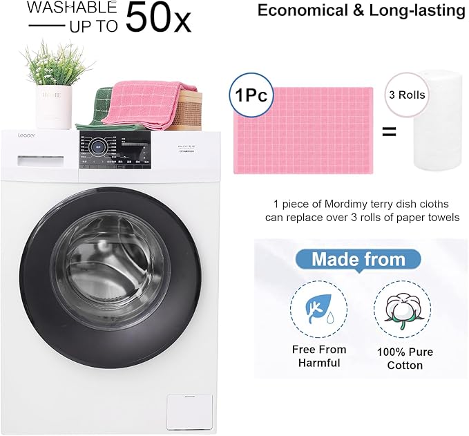 Mordimy 100% Cotton Terry Cloth Kitchen Towels, Super Soft and Absorbent Dish Towels for Drying, Checkered Designed Hand Towels for Kitchen, 16 x 26 Inches, 6 Pack, Pink