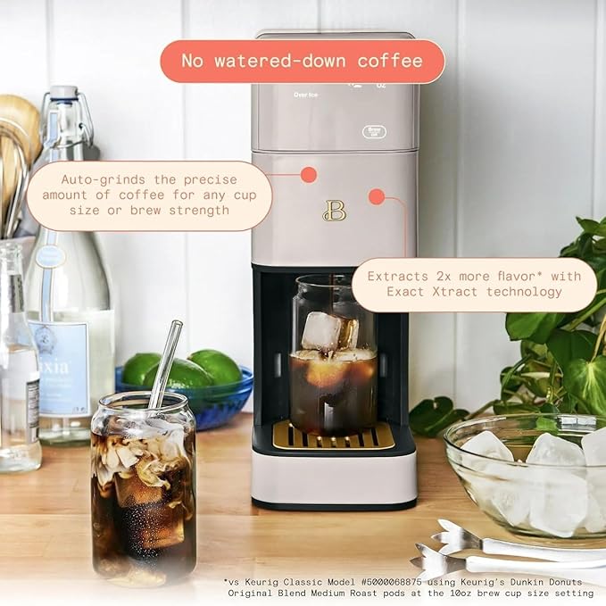 Beautiful Perfect Grind Programmable Single Serve Coffee Maker, Burr Grinder, 64 oz Reservoir, 6 Brew Sizes by Drew Barrymore (Porcini Taupe)