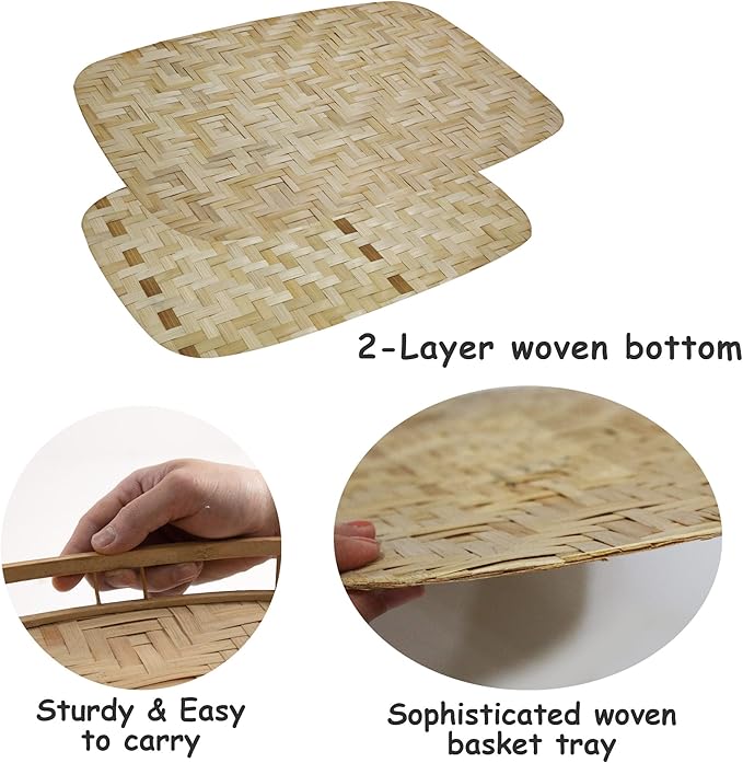 PEMAR Set of 4 Bamboo Wicker Serving Trays for Foods & Drinks, Rectangular Breakfast Lap Trays with Handles Wooden Decorative Platters for Coffee Table, Bed Eating