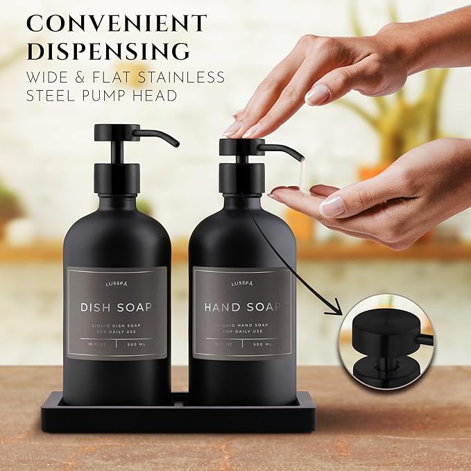 Lotion, Hand & Dish Soap Dispenser for Kitchen & Bathroom | Soap Dispenser Set of 2 16.8 Oz Glass Bottles with Stainless Steel Pump, 15 Water Proof Labels & Silicon Tray (Black)