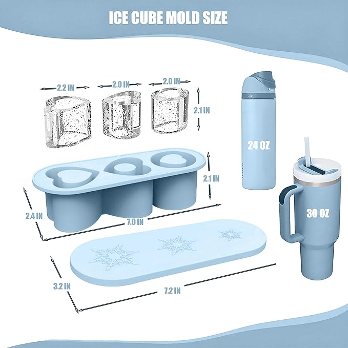 Ice Cube Trays for Stanley Cup 20 30 40 OZ Tumbler Ice Mold Heart Shape Silicone Ice Cube Tray with Lid, Stanley Ice Mold and Maker Ice Cube for Cocktails, Whisky, Juice (20-30 OZ, Blue)