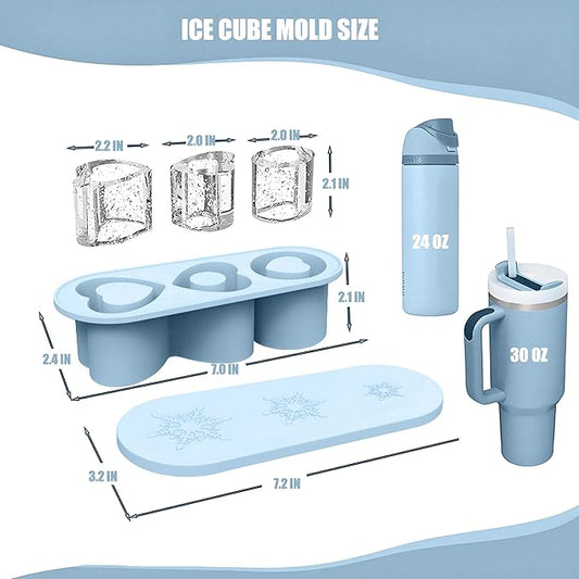 Ice Cube Trays for Stanley Cup 20 30 40 OZ Tumbler Ice Mold Heart Shape Silicone Ice Cube Tray with Lid, Stanley Ice Mold and Maker Ice Cube for Cocktails, Whisky, Juice (20-30 OZ, Blue)