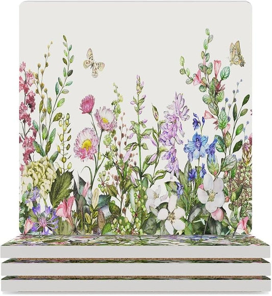 Floral Drink Coasters, Square Ceramic Drink Coaster Square-4PCS, Watercolour Flower Herb Nature Plant Floral Butterfly Decor Absorbent Ceramic Coasters for Beverage Cup, Bar, Coffee Table