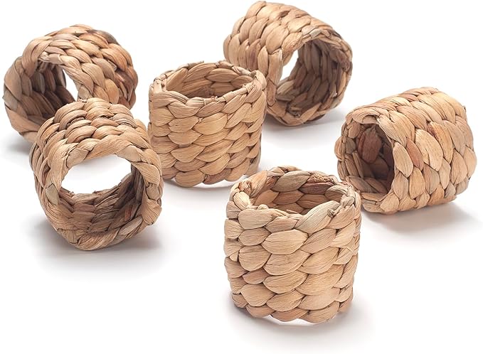 Napkin Rings Set of 6, Handmade Water Hyacinth Boho Napkin Rings, Rustic Farmhouse and Beach-Inspired Rattan Napkin Ring for Elegant Table Decoration, Perfect for Christmas Table Decor, Wedding Decor