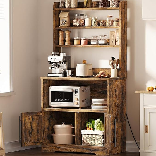 GAOMON Farmhouse Bakers Rack with Storage Cabinet and Charging Station, Kitchen Hutch with Thickened Tabletop, Power Outlets & USB Ports, Pantry Organizer Shelf for Kitchen and Dining Room, Brown