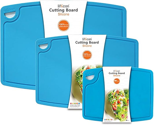 Liflicon Silicone Thick Cutting Boards Mats Set of 3pcs Foldable & Flexible Design Juice Grooves Easy Grip Handle Dishwasher Safe for Kitchen,BPA free Chif-Blue