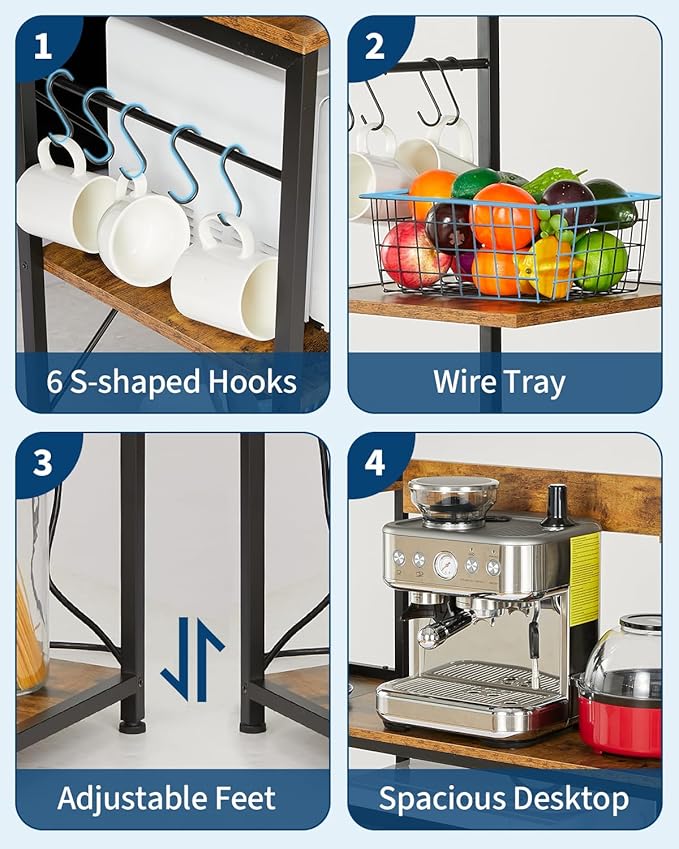 Garvee Kitchen Bakers Rack with Power Outlet 55 * 66inch, Microwave Oven Stand with Storage 4 Tiers, Coffee Bar Table with 6 S Hooks, Kitchen Storage Shelf Rack for Spices, Pots, Rustic Brown