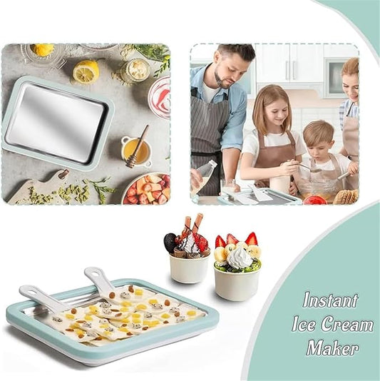 Rolled Ice Cream Maker Large, At Home Rolled Ice Cream Tray Kit With 2 Scrapers, Diy Stainless Steel Instant Frozen Yogurt Cold Plate, Fun Family Activity, Easy Homemade Desserts (White, 8.6"x 6.8")