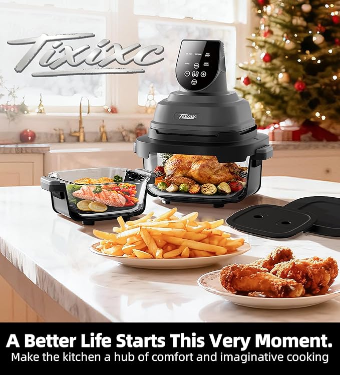 Tixixc 5-in-1 Portable Glass Air Fryer, 4QT & 6-Cup Glass Containers with Lids, Silicone Mat, 1500W Small Air Fryer, 90% Less Oil, Dishwasher/Freezer Safe for Single Servings, Family Meals