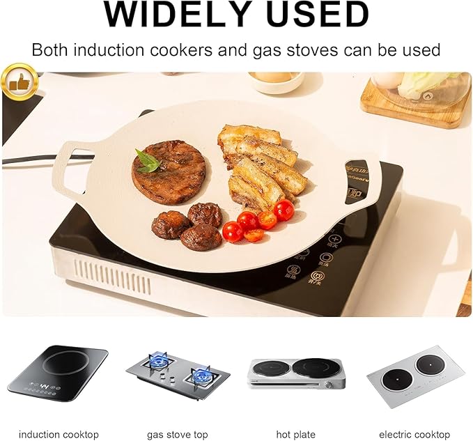 JIANG REN Korean bbq Grill Pan - 13" kbbq Grill ， Round Aluminum GriddleGriddle with Silicon Handles ，Nonstick Skillet Camping Wok for Indoor & Outdoor, Works on Induction, Gas, Electric Stovetops