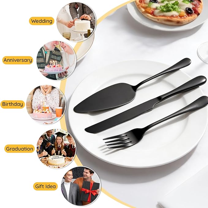 SUREAM Matte Black Cake Knife, 11 Inch 4PCS Cake Cutter Slicer, Pie Cutter and Server for Birthday Anniversary Christmas Engagements