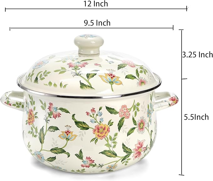 Jucoan 5 Quart Enamel Stockpot with Lid, Green Floral Enamelware Cooking Pot with Dual Handles for Stovetop, Large Soup Pot Potpourri Simmer Pot Gift for Housewarming Bridal Shower Christmas