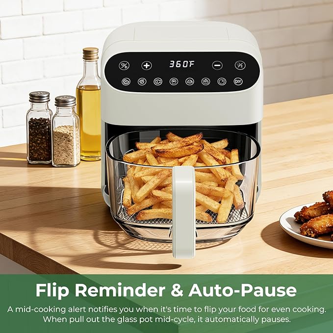 Havato 5 Quart Glass Air Fryer, Non-Toxic High Borosilicate Glass Basket with No Coating, Air Fryer Oven with 8 Preset Modes, PTFE/PFAS Free, Visible Window, Dishwasher Safe, White