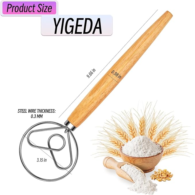 Danish Dough Whisk with Dough Hook Stainless Steel Bread Whisk Wooden Handle for Sourdough Bread Baking Dough Mixing
