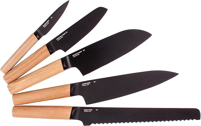 BergHOFF RON 5Pc Non-stick Knife Set With Wood Block Titanium PVD Coating Sharp & Well Balanced Seamless Transition Ash Wood Handle Anti-skid Base