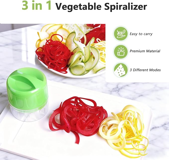 3-in-1 Vegetable Spiralizer Slicer, Adjustable Mandoline Spiral Cutter for Zucchini Noodles, Carrots, Cucumber (Green)