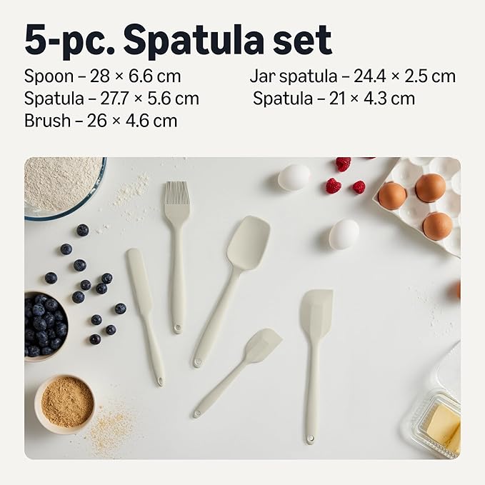 Amazon Basics Silicone Spatulas, 5-Piece Set, BPA-Free, Heat-Resistant and Dishwasher-Safe, Linen Gray