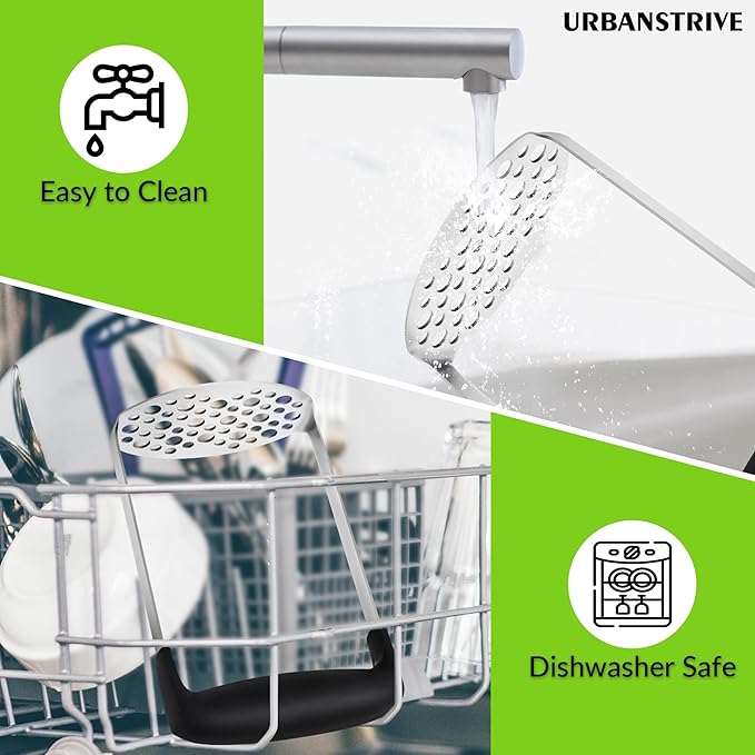 Upgraded Potato Masher, Durable Non-break Handle, Rust-proof, Dishwasher safe, Heavy duty 304 Stainless Steel, Kitchen Gadgets Gifts, Black