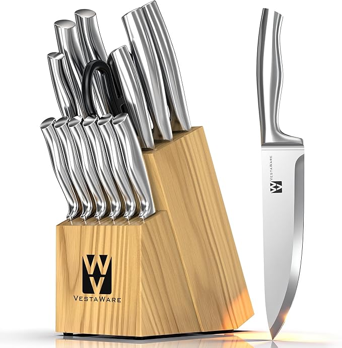 14 Pieces Knife Set with Block, Premium Knives Set For Kitchen, Knife Block Set Stainless Steel With Steak Knives, Dishwasher Safe, Ergonomic Handle, Natural Wooden Block, Gifts For Women