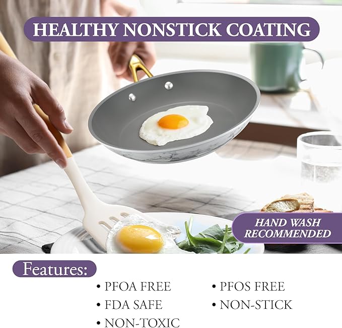 ONGIFT Frying Pan Nonstick Set 2 Piece, 8＆10 Inch Skillet Easy to Clean, Kitchen Fry Pan without PTFE & PFOA, Compatible with All Stovetops, Lightweight and Durable, Marble White