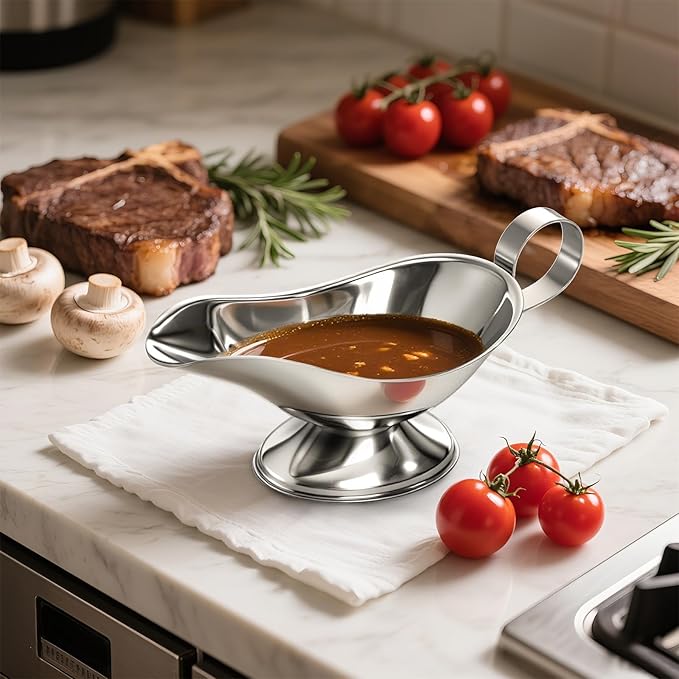 ZOOFOX Set of 2 Gravy Boat, 8 oz Stainless Steel Sauce Boat with Easy-Pour Spout and Handle, Sauce Serving Dish for Salad Dressings, Creamer, Broth, Black Pepper