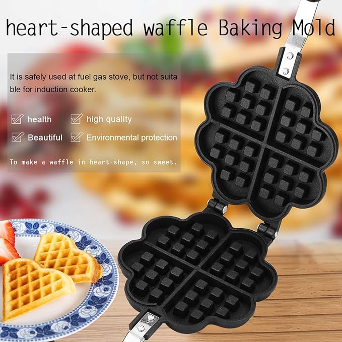Heart Shape Waffle Maker for Stovetop, Non Stick Aluminum Campfire Waffle Iron with Detachable Handle, Portable Cookware for Outdoor Camping, RV and Home Kitchen