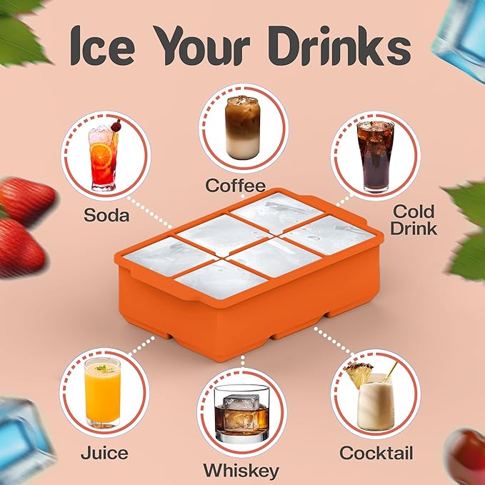 KitchFort Large Silicone Ice Cube Tray (2-Pack), Easy Release 2" Big Ice Cubes - Cocktail, Whiskey Ice Cubes Mold - Ice Trays for Freezer with Lid - Stackable Silicone Ice Tray - Orange