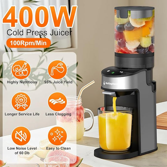 Voltisphere Cold Press Juicer,400W Juicer Machines,4.9"Wide Feed Chute Slow Masticating Juicer for Whole Vegetables & Fruits,Advanced Touch Sensing Switch, (Silver Gray)
