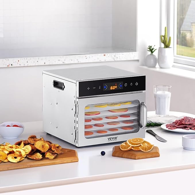 VEVOR Food Dehydrator Machine, 6 Stainless Steel Trays, 400W Electric Food Dryer with Adjustable Temperature & 24-Hour Timer, Food Dryer for Jerky, Meat, Fruit, Vegetables, Herbs, Dog Treats