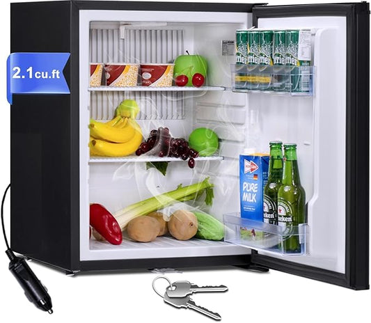 Smad Locking Mini Fridge 2.1 Cu Ft, Mini Fridge with Lock, 12V RV Refrigerator 2 Ways 12V DC/110V AC Semi Truck Refrigerator for RV, Truck, Office, Reversible Door, Black
