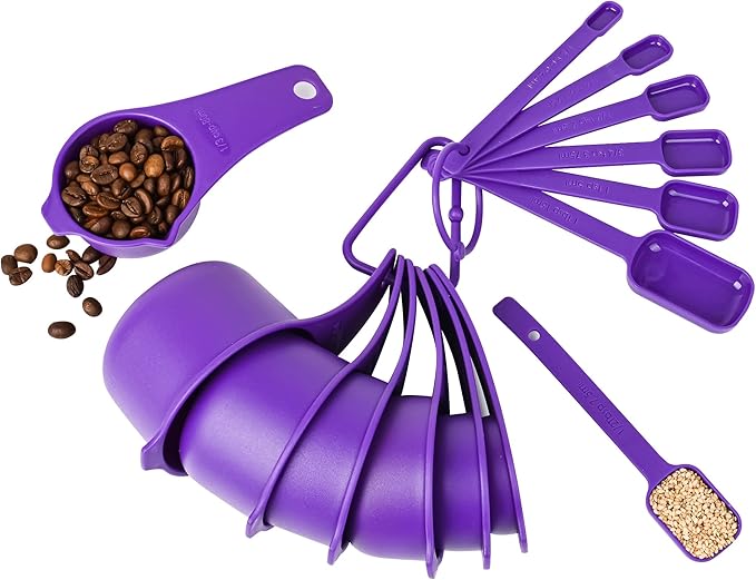 Plastic Measuring Cups and Spoons Set, Purple Dry Measuring cups Set with Spout and Leveler for Kitchen and Baking, BPA free and Dishwasher Safe, Nesting Measuring Cups Set of 15