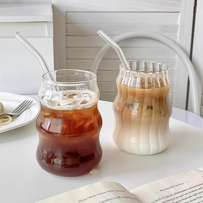 Nirvany 2 Pcs Ribbed Glass Cups, 18 Oz Vintage Drinking Glassware with Wave Shape Design, Bubble Cups for Iced Coffee, Juice, Beverage, Milk, Cocktails, Bubble Tea, and More