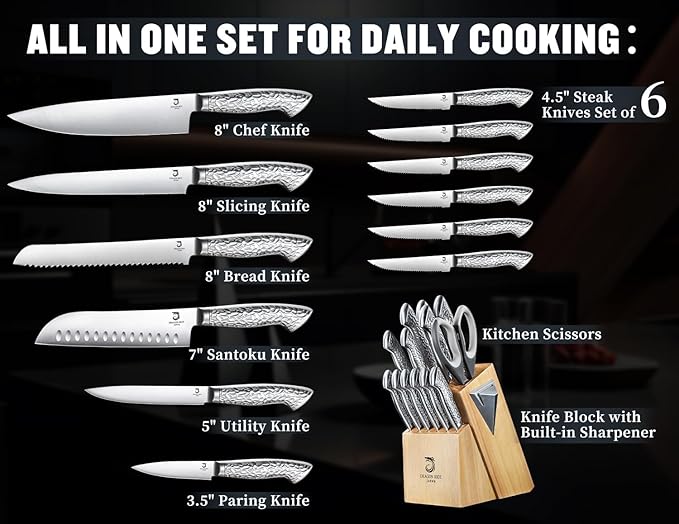 14 PCS Knife Set with Wood Block - Stainless Steel Kitchen Knife Block Set with Built in Sharpener, Dishwasher Safe, Rust Resistant, Non-Slip Ergonomic Handle - Gift for Men Women and Housewarming